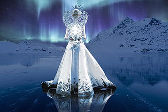 Ethereal Ice Queen in White Gown Under Northern Lights