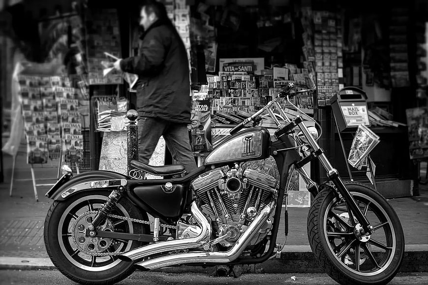 Black and White Cruiser Motorcycle on City Street
