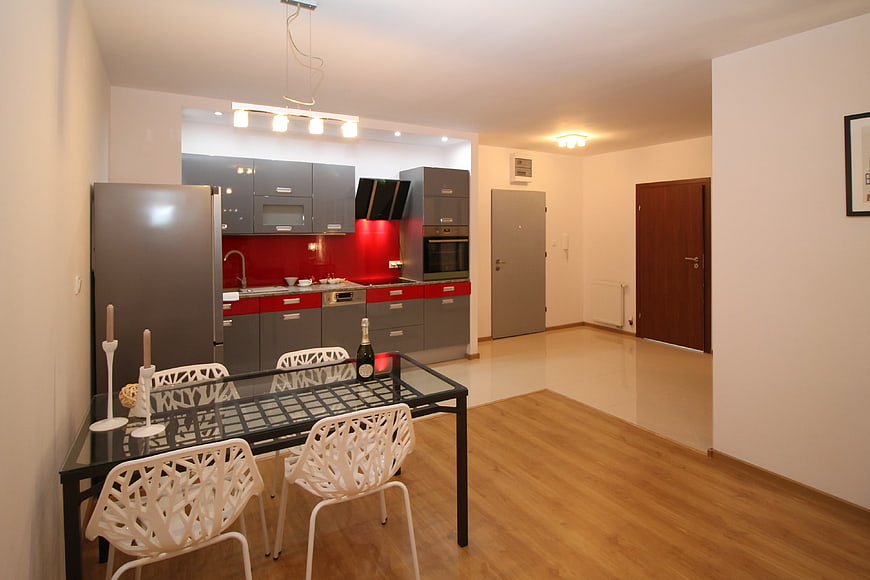 Modern Apartment Interior With Gray And Red Kitchen Cabinetry