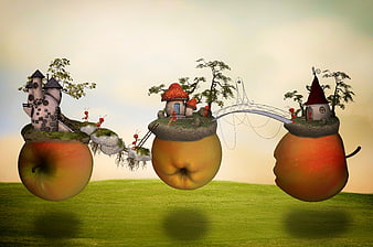 Surreal fantasy world on floating apples with tiny houses and ants