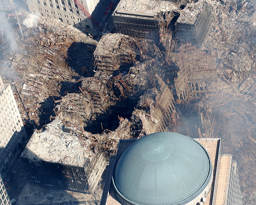 Aerial view of Ground Zero destruction and debris in New York City