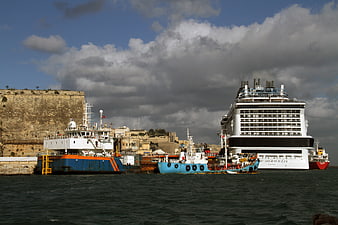 Cruise ship and tugboats in historic harbor with fort