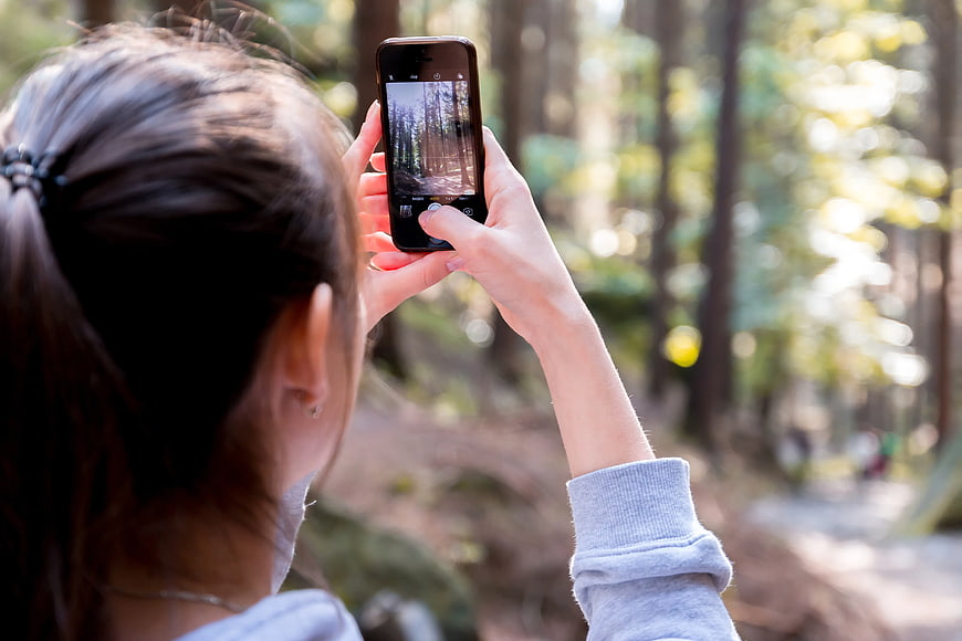 Woman Taking Photo of Forest with Smartphone