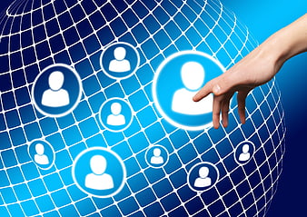 Hand touching social media icons on digital globe network