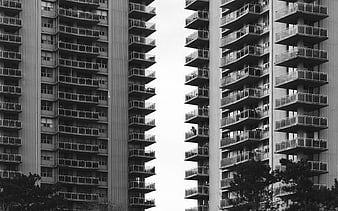 Black and White High-Rise Apartment Buildings with Balconies