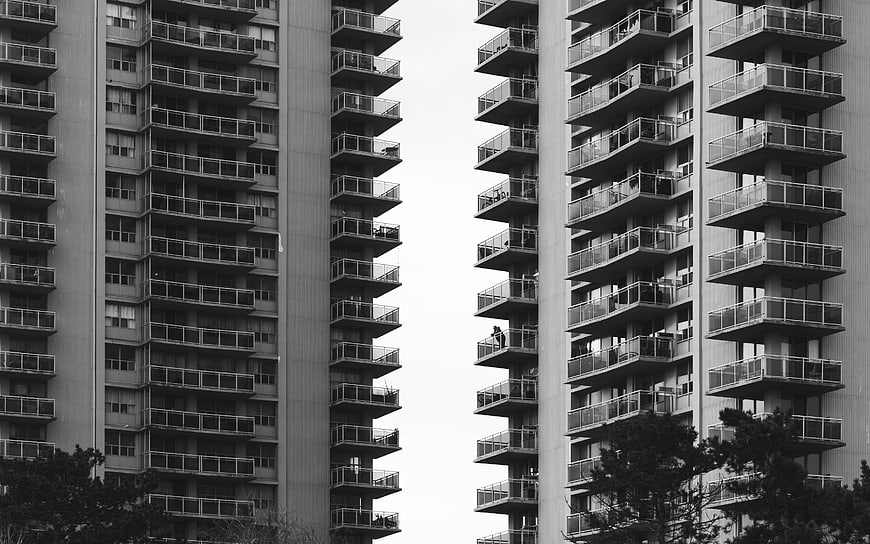 Black and White High-Rise Apartment Buildings with Balconies