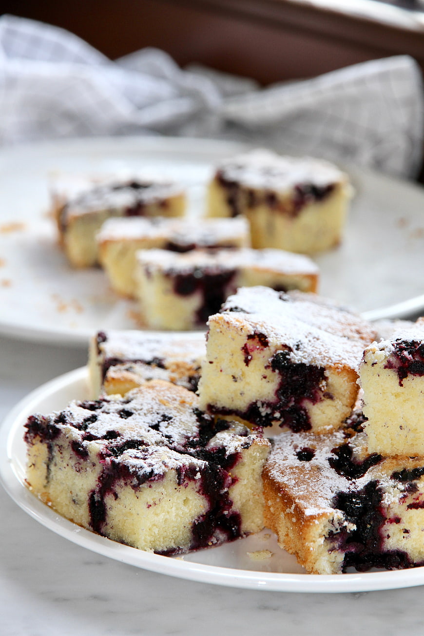 Homemade Blueberry Cake Slices with Powdered Sugar