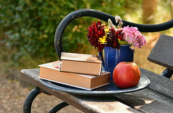 Books, Apple, and Flowers on Garden Bench