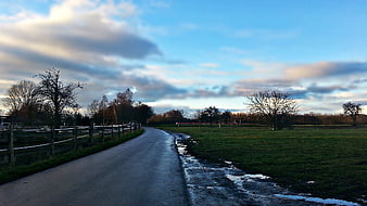 Wet country road winding through green fields under cloudy sky