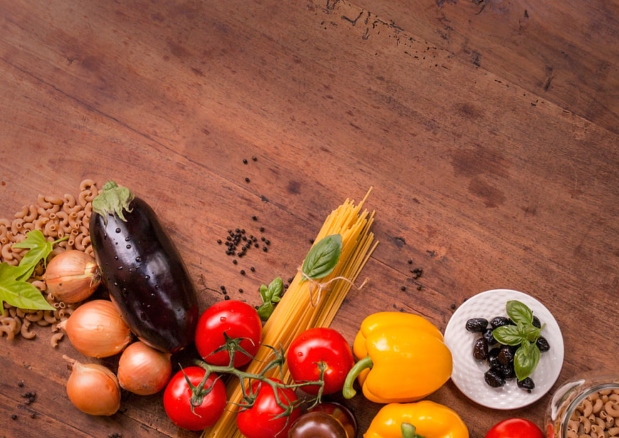 Italian Pasta Ingredients Flat Lay on Rustic Wooden Table