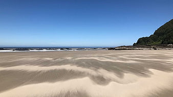 Wide sandy beach with wind-blown ripples and forested cliffs
