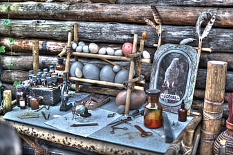 Vintage Alchemist Table with Bird Eggs and Antique Bottles
