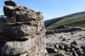 Ancient stone ruins in a rugged mountain landscape