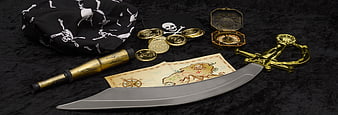 Pirate Treasure Set with Map, Coins, and Cutlass on Black Background