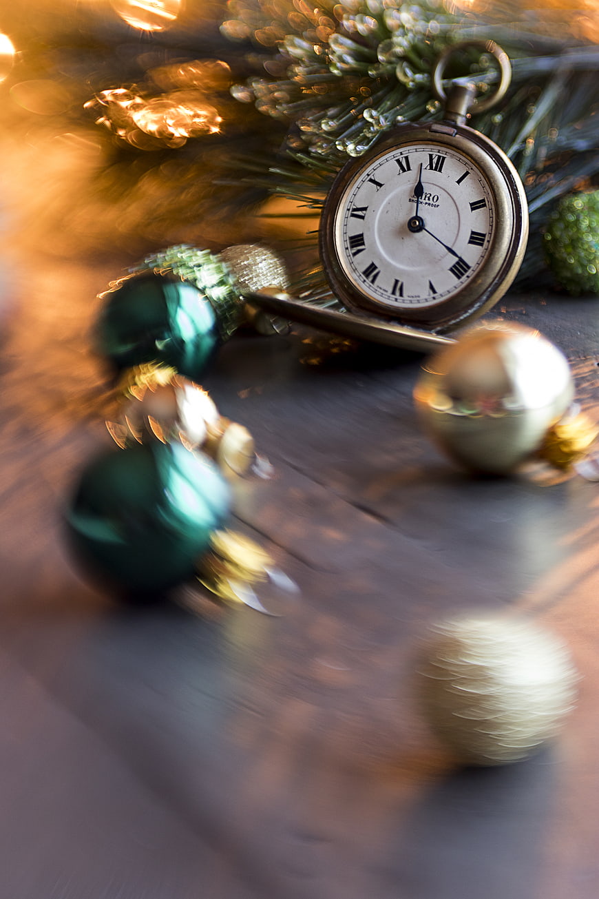 Vintage Pocket Watch with Christmas Ornaments and Pine Branches