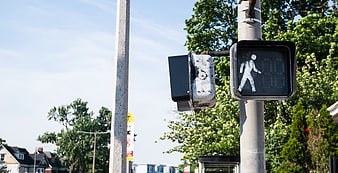 Pedestrian Crossing Signal with Walk Symbol on Urban Street