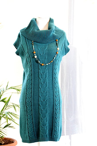 Teal Cable Knit Turtleneck Dress on Mannequin