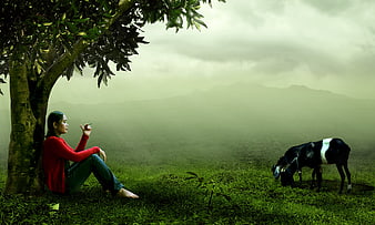 Woman sitting under tree with grazing goat in misty landscape