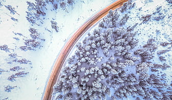 Aerial view of winding road through snowy winter forest