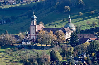Aerial View of St. Trudpert's Abbey in Autumn Landscape