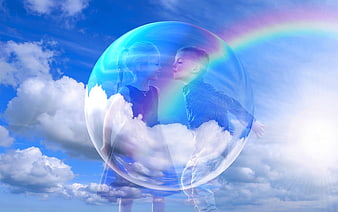 Children in a magical bubble with clouds and rainbow