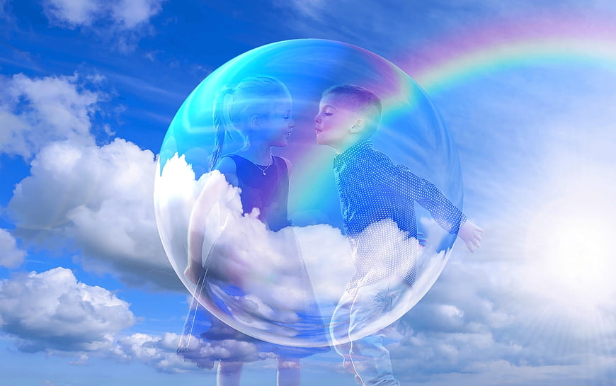 Children in a magical bubble with clouds and rainbow