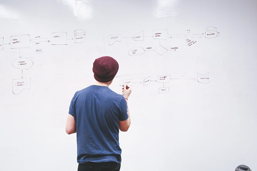 Man drawing flowchart on whiteboard in office
