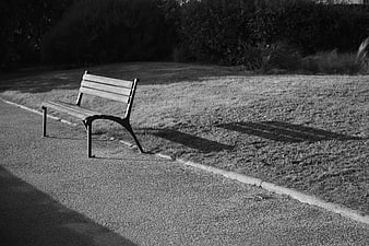 Lonely Park Bench in Black and White with Long Shadows