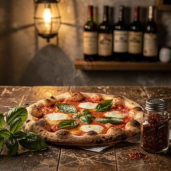 Steaming Margherita Pizza on Rustic Wooden Table