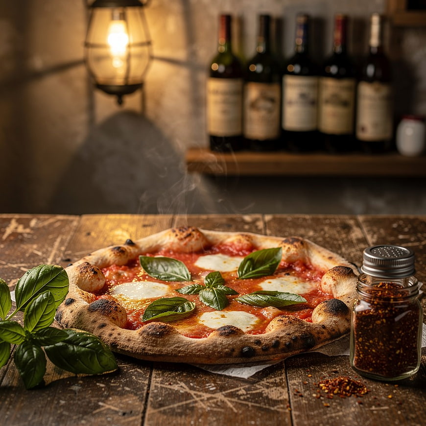 Steaming Margherita Pizza on Rustic Wooden Table