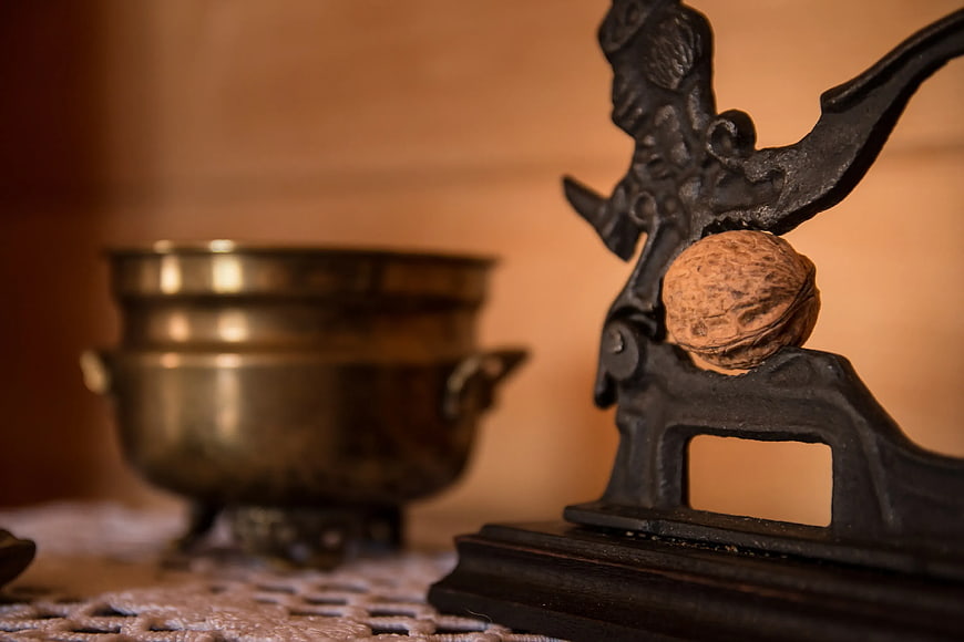 Vintage Cast Iron Nutcracker with Walnut and Brass Bowl