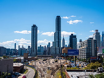 Manhattan Skyline with Train Tracks and Construction
