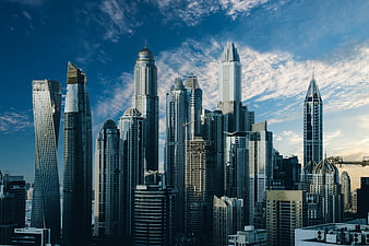Dubai Marina Skyline with Skyscrapers and Blue Sky