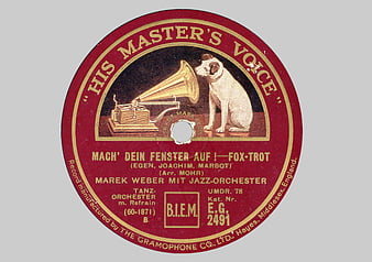 Vintage His Master's Voice Record Label with Dog and Gramophone