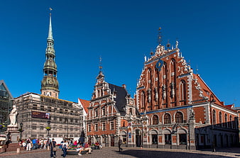 Riga Old Town Square with Black Peter House and Cathedral Spire