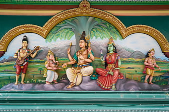 Traditional Hindu Temple Mural Depicting Shiva, Parvati, and Ganesha
