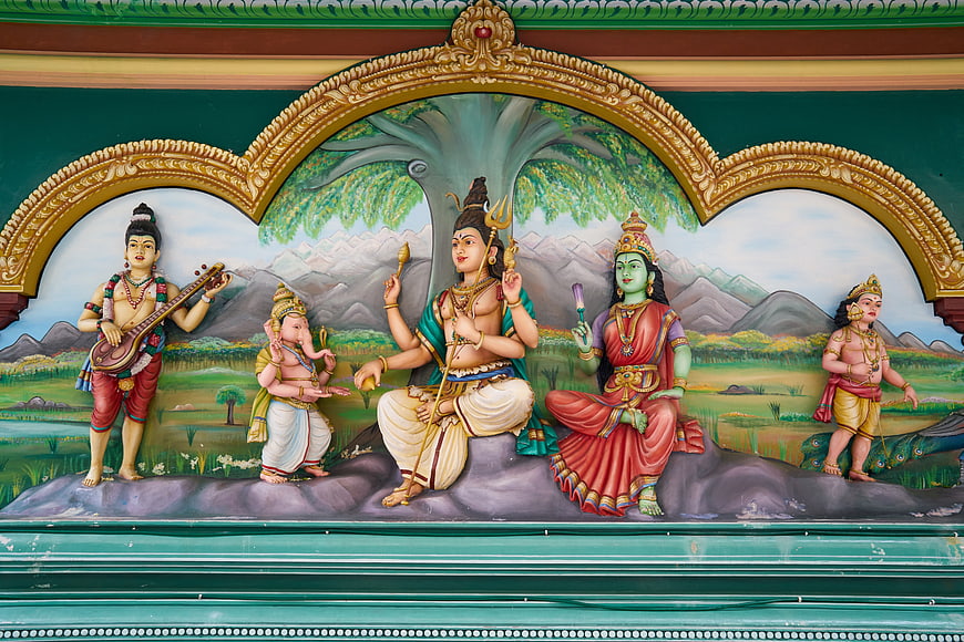 Traditional Hindu Temple Mural Depicting Shiva, Parvati, and Ganesha