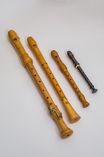 Four wooden recorders arranged diagonally on a white background