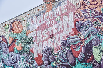 Colorful Eastern Market Mural with Cartoon Characters