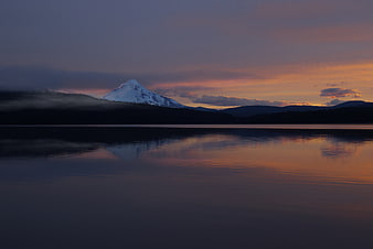 Snow-Capped Mountain Reflected in Lake at Sunset