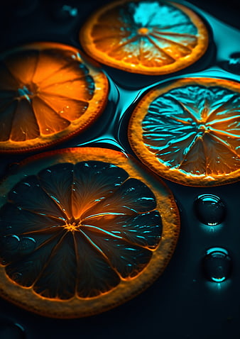 Dried orange slices with blue neon lighting