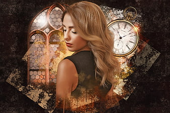 Surreal Fantasy Portrait of Woman with Vintage Pocket Watch and Gothic Window