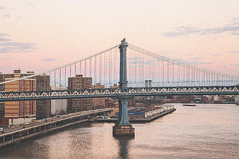 Manhattan Bridge Sunset View with City Skyline and River