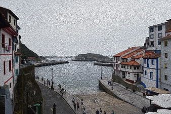 Oil painting style view of Cudillero harbor with white houses