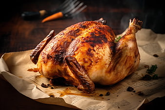 Roasted whole chicken on parchment paper with steam