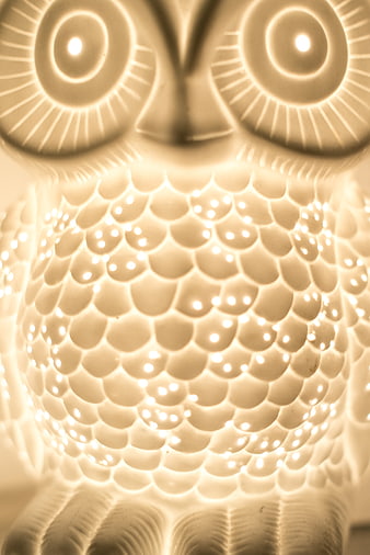 Close-up of glowing ceramic owl lamp with textured scales