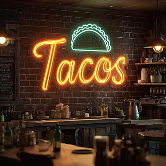 Neon Tacos Sign on Brick Wall in Rustic Restaurant Interior