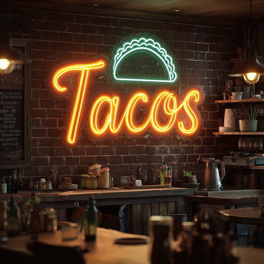 Neon Tacos Sign on Brick Wall in Rustic Restaurant Interior