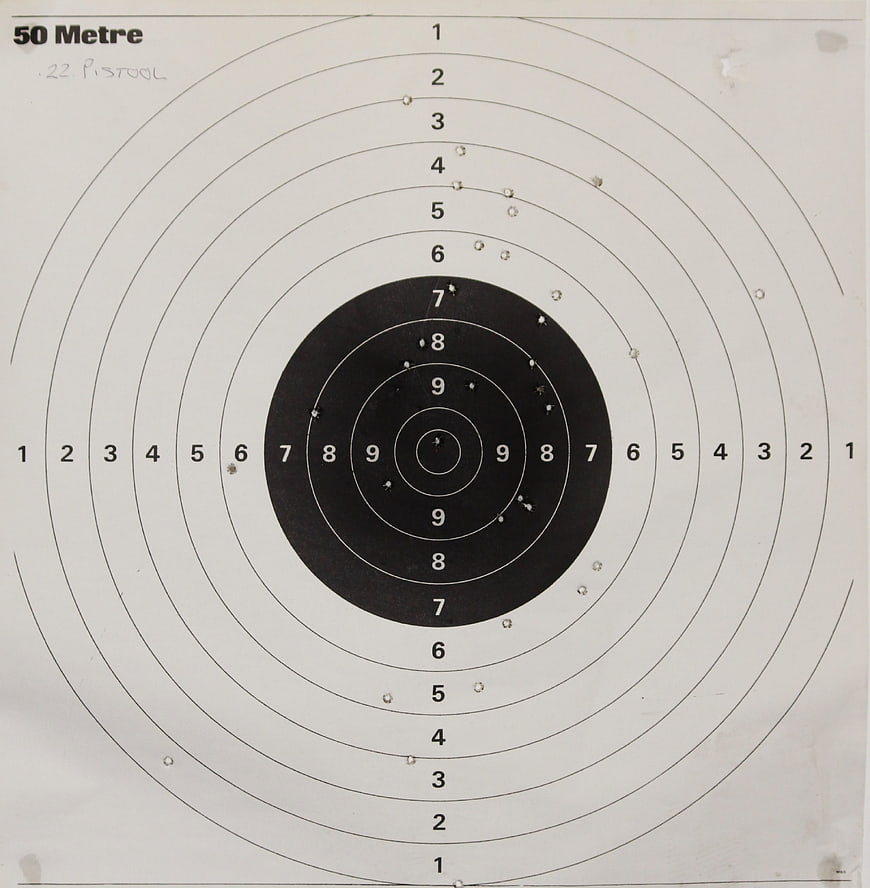 50 Metre Pistol Shooting Target With Bullet Holes