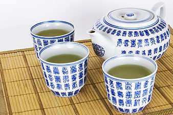 Traditional Chinese Blue and White Porcelain Tea Set with Green Tea